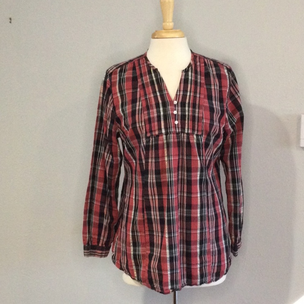 Bit & Bridle Women's Flannel Cotton Cinch Waist Plaid 3 Button V-neck Shirt  L